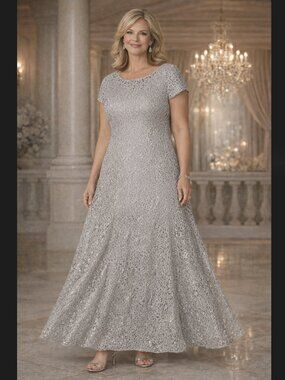 Alex Evenings Maxi Dress 16P Silver Metallic Lace Overlay Formal Gown Wedding
